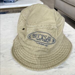 Bucksaw Resort & Marina  Truman Lake Beige Bucket hat with Navy wording